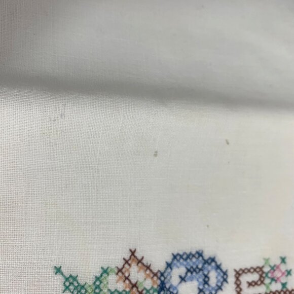 Vintage White Linen Tablecloth Embroidered Cross Stitched Floral Baskets - Picture 6 of 7